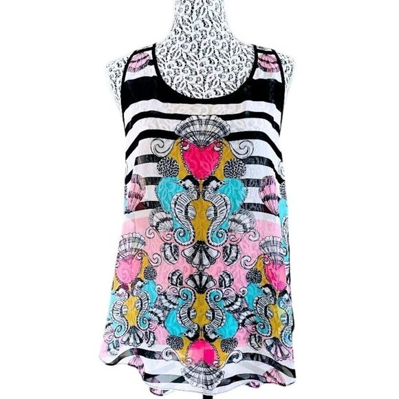 Bisou Bisou Tops - Bisou Bisou Sheer Tank Top Colorful Seashells and Seahorses - Size Medium